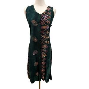 Vintage Flaming Pearl Green Boho Button Front Midi Dress Abstract Medium Indie